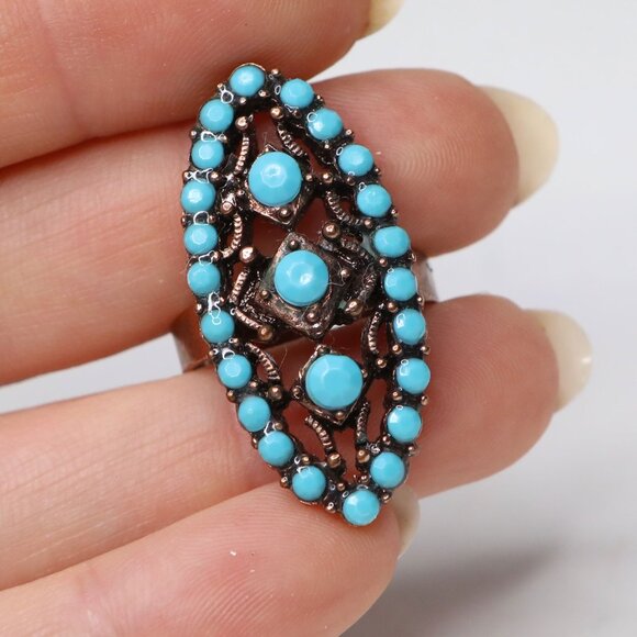 Vintage Antiqued Copper Turquoise Cluster Ring  Bohemian Southwestern Navajo - Picture 5 of 9